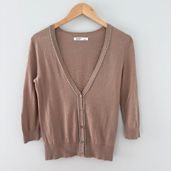 Old Navy Brown Lightweight Deep V-Neck Beaded Long Sleeve‎ Sweater - Picture 1 of 7